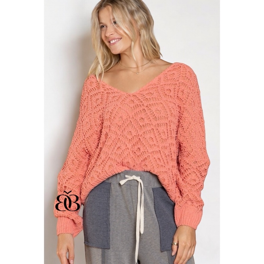 POL Light Coral Chenille Diamond Patterned Textured Knit Sweater